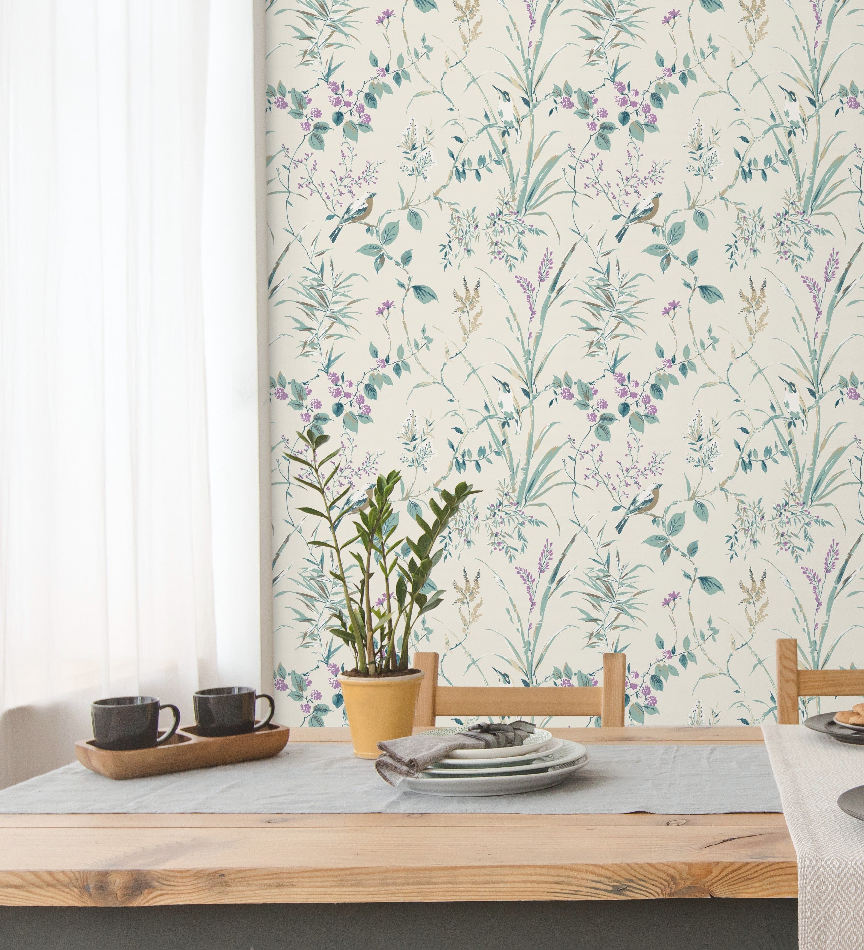GAULAN 500680927 Papier Peint Lessivable Branches Fleurs Et Oiseaux Style Romantique Pour Mur Salon Cuisine Chambre Salle à Mange Tête De Lit - Échantillon DIN A4