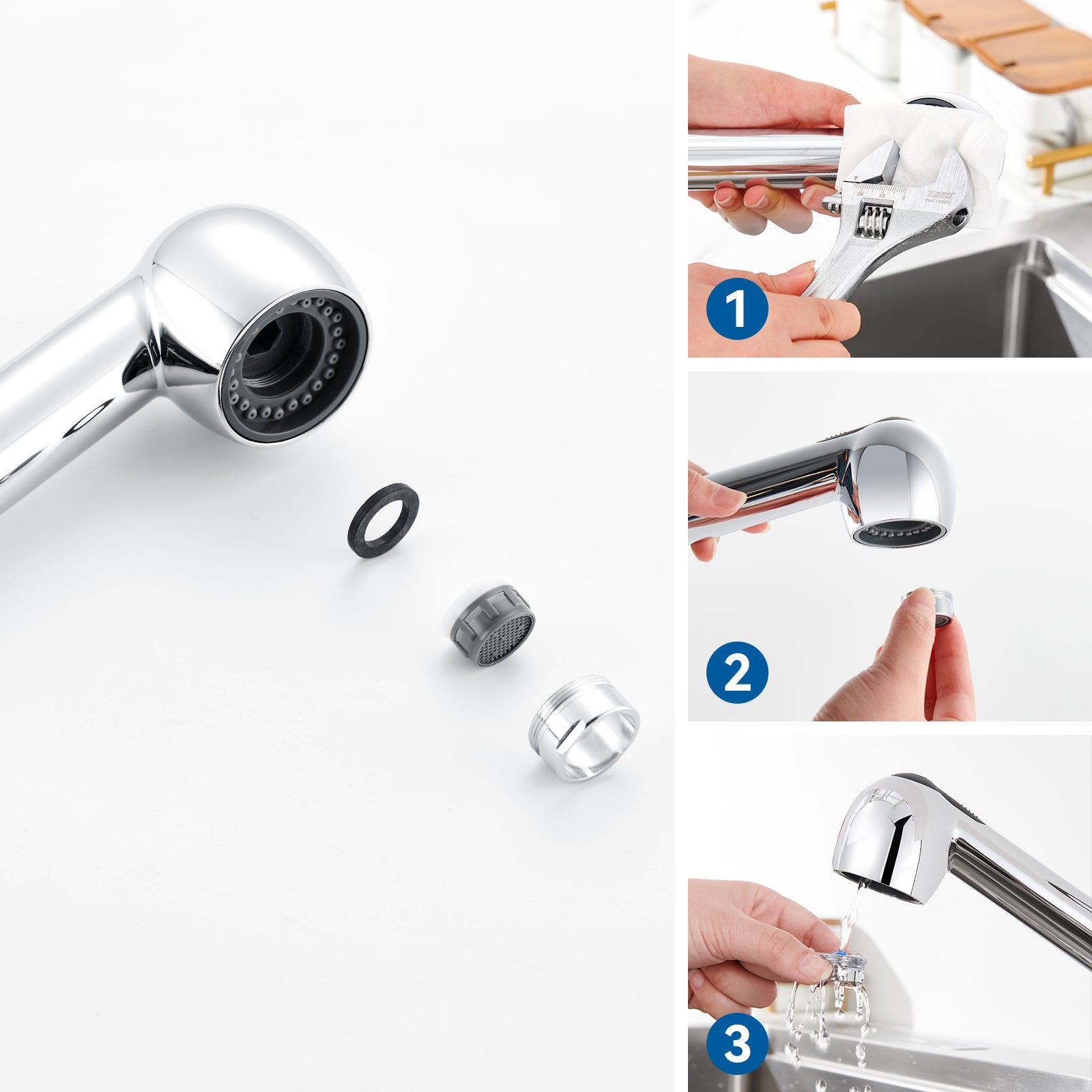 Rubinetto cucina doccetta estraibile,Miscelatore cucina in acciaio inossidabile con doccetta 2 modalità Jet, becco basso, PivoTanto 360°,cromata - 9