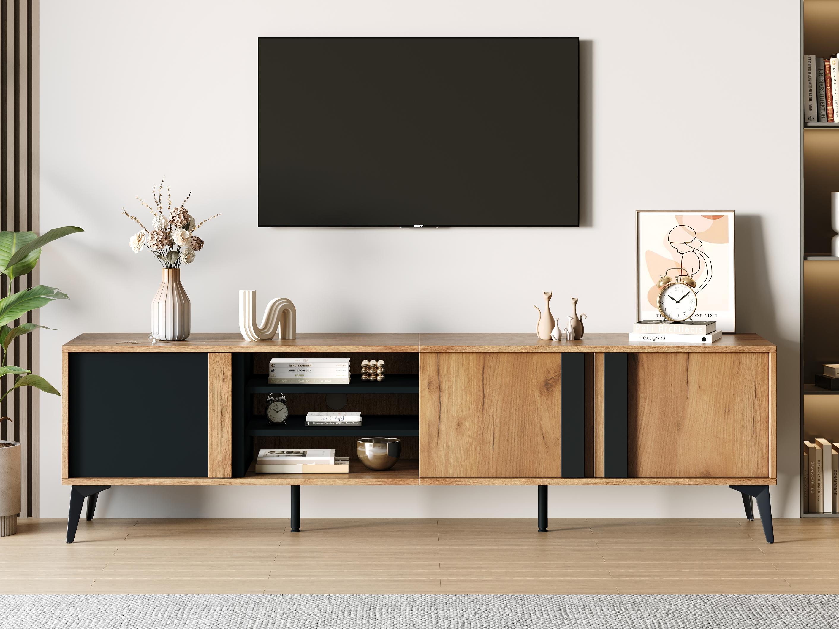 Stojak pod TV, 180 cm szerokości - z 3 drzwiami i 3 przegrodami - brązowy
