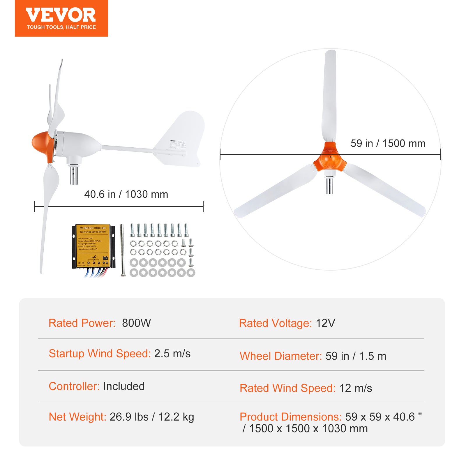 Générateur d'éolienne 800 W, kit d'éolienne 12 V, générateur d'énergie éolienne à 3 pales contrôleur MPPT, direction du vent réglable et vitesse VEVOR - 7