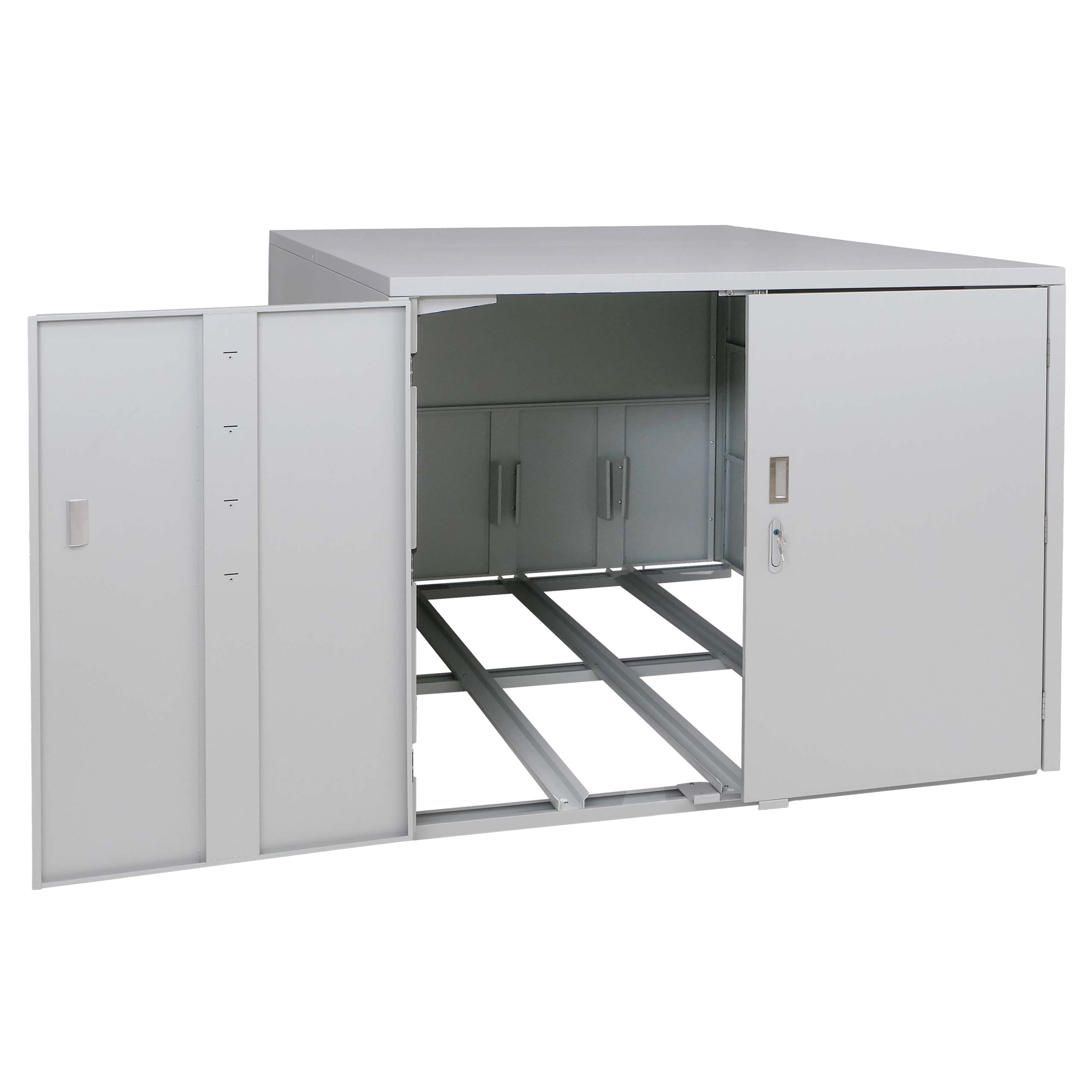 Garaż na 3 rowery HWC-P93, wiata rowerowa, boks rowerowy, zamykany, stal ocynkowana 124 x 148 x 208 cm ~ jasnoszary