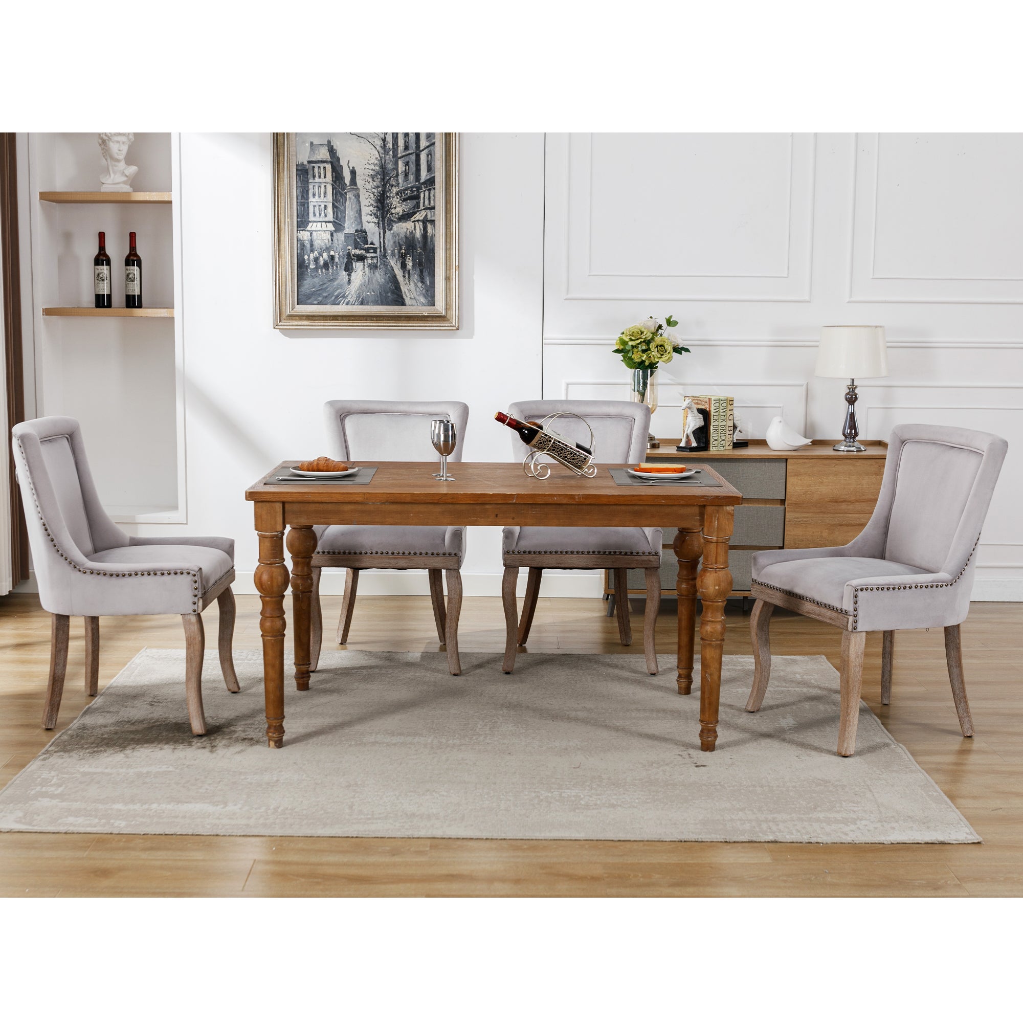 Zestaw 4 luksusowych krzeseł do jadalni - Aksamit i lite drewno - Ozdoba w formie nitów - Szary