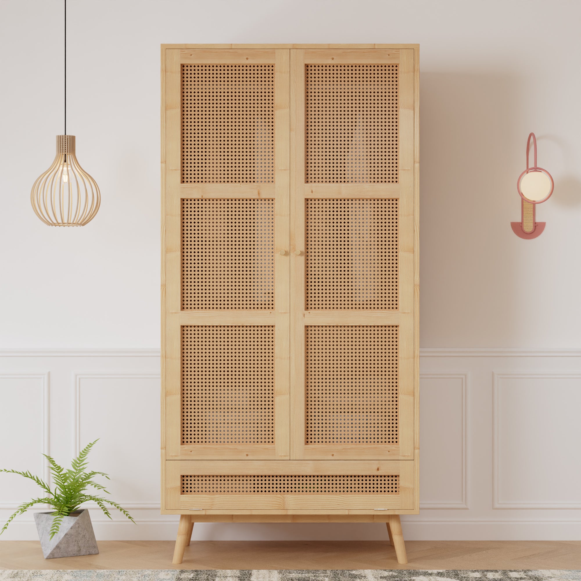 Armoire avec tringle - 2 portes grillagées en rotin et 1 compartiment abattant - Naturel - 2