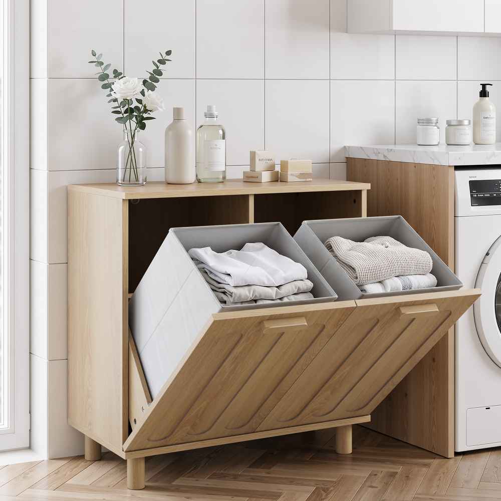 Panier à linge basculant en MDF chêne, armoire de rangement salle de bain, style européen, Art Déco, panier amovible, meuble moderne - 6