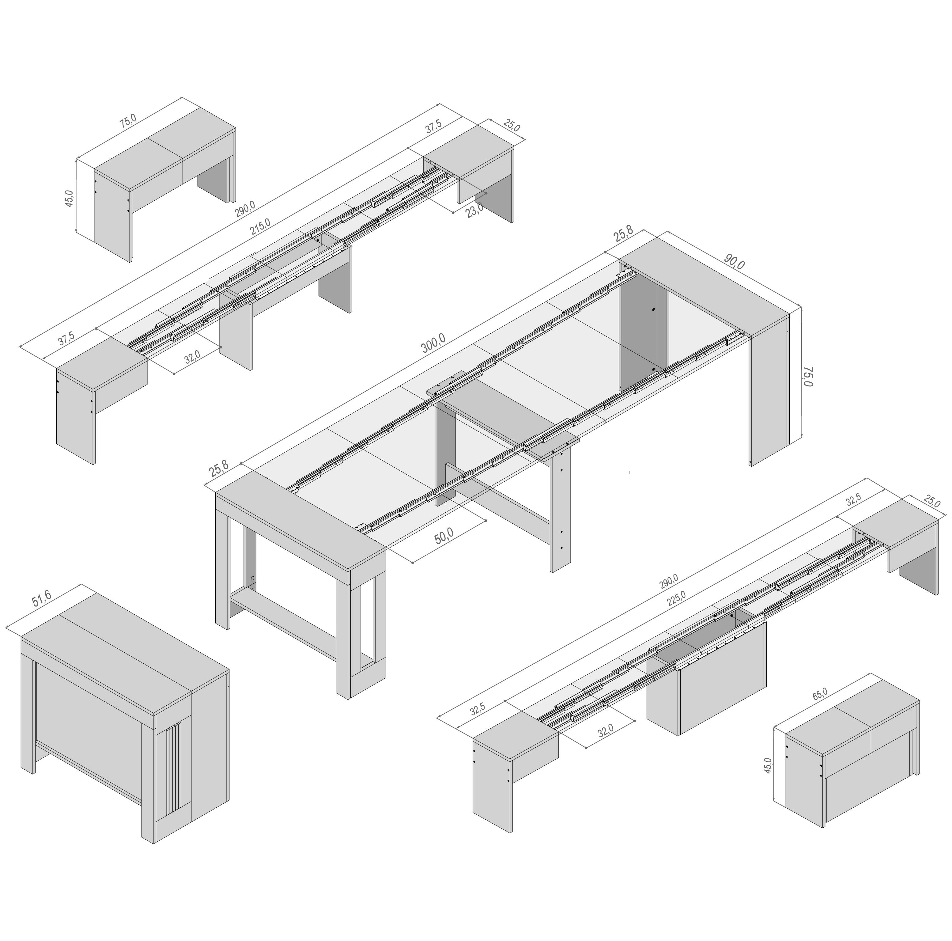 Tutto in uno! Kit tavolo console con 2 panche con porta allunghe (apertura 3 metri)- Bianco - 2