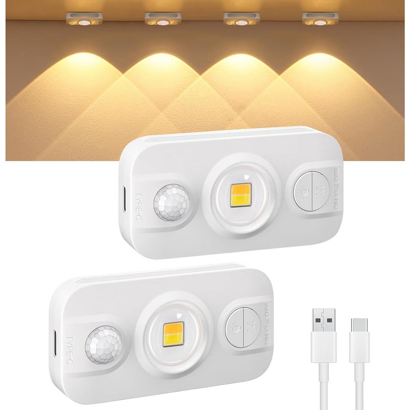 Zestaw 2 mini lampek LED do montażu pod szafkami kuchennymi z czujnikiem ruchu, ładowanych przez USB-C, ciepłe białe światło LED, ściemnialne, bezprze