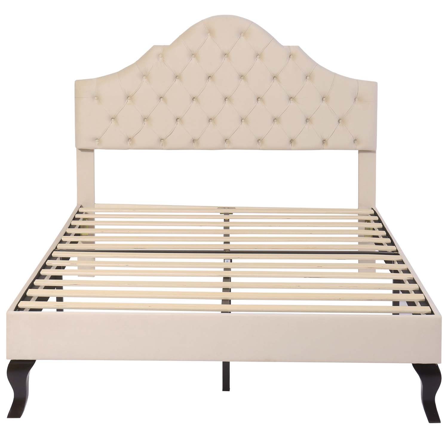 Cama tapizada 140x190cm en terciopelo con cabecero regulable + somier - Beige - 3