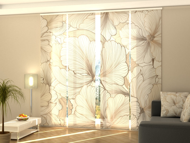 4 paneles japoneses wellmira con riel de 4 vías, 60x270 cm - flores beige delicadas