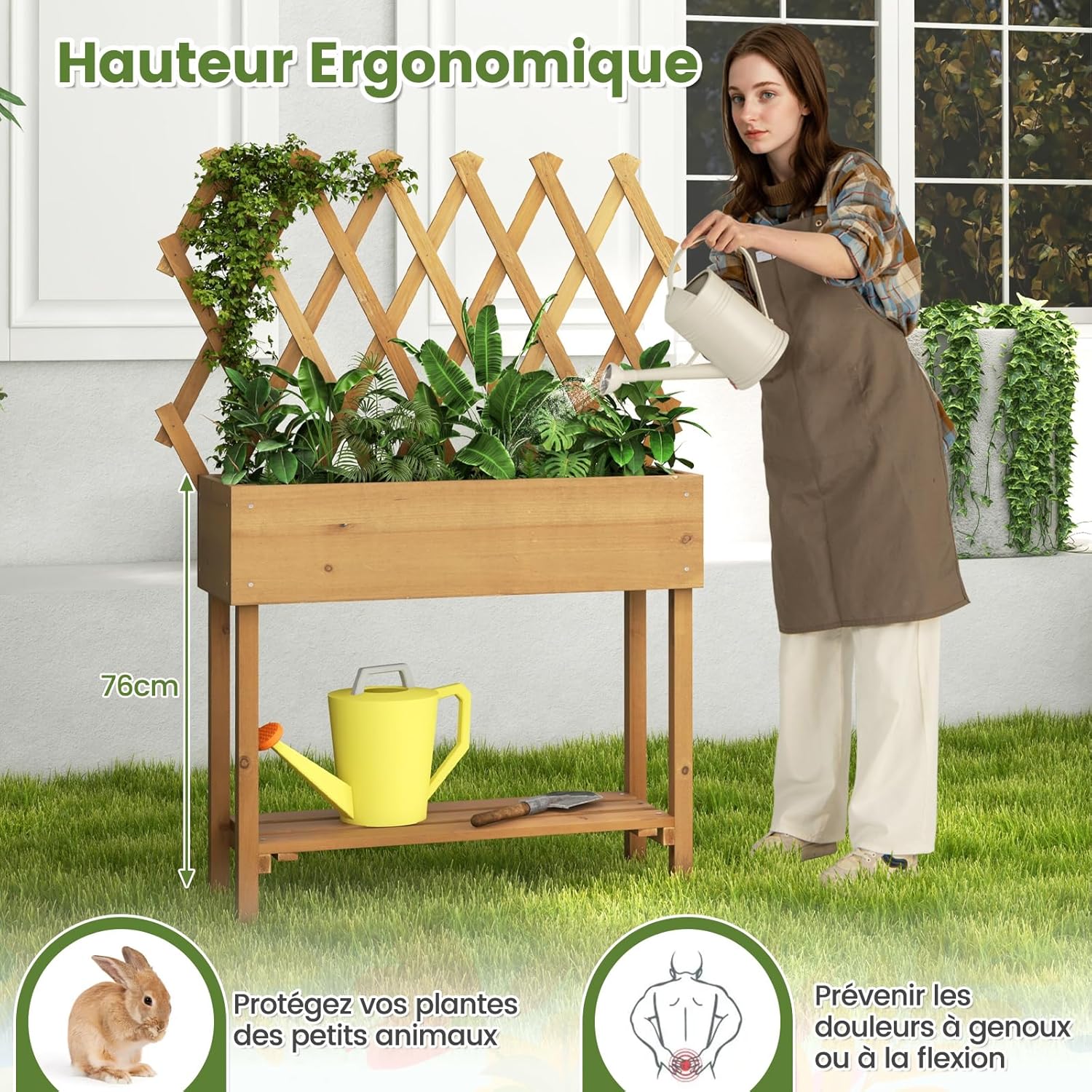 Jardinière Surélevée en Bois avec Treillis à Roulettes, Étagère Inférieure pour Fleurs, Légumes, Herbes, 90x29x129cm - 5
