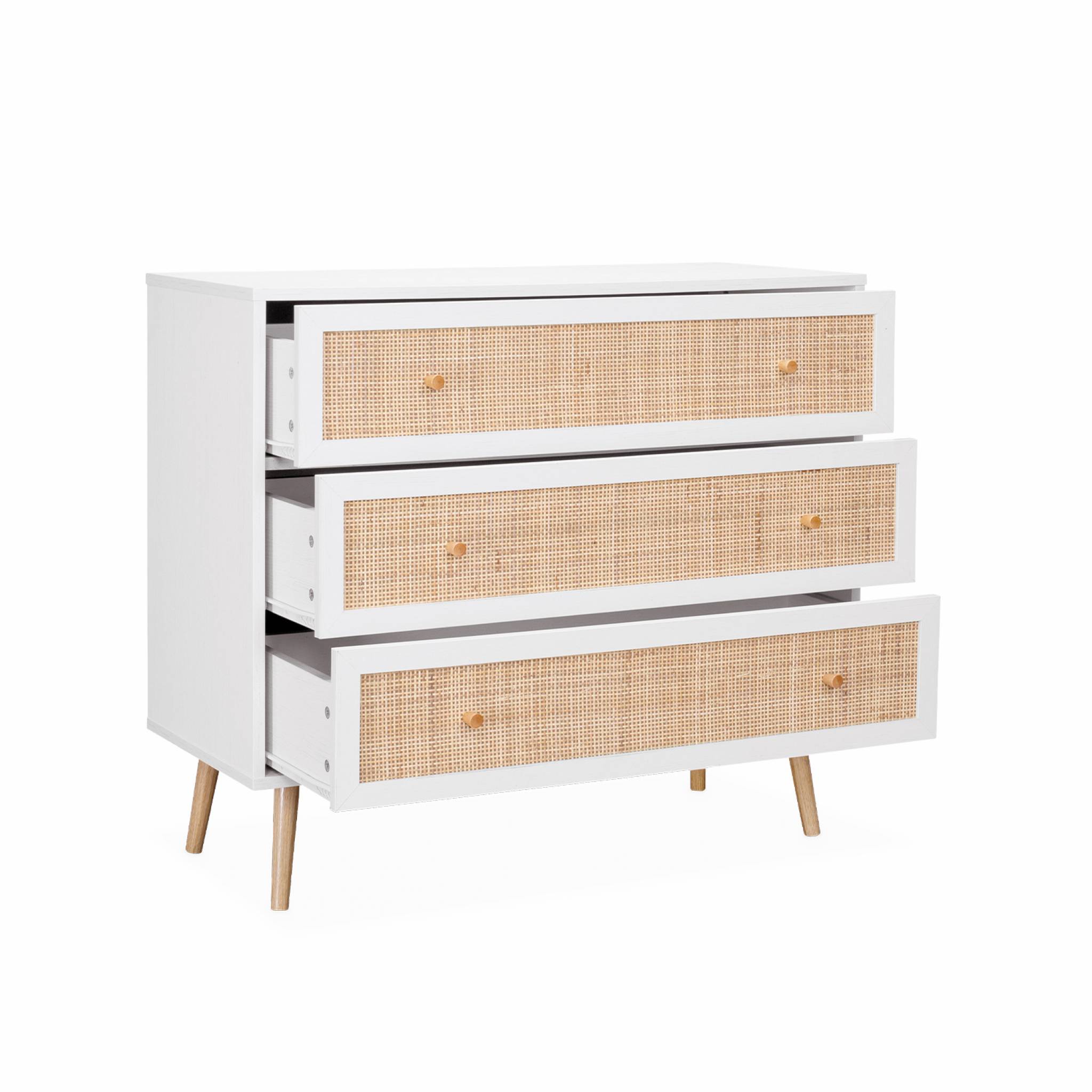 Commode en décor bois blanc et cannage 90x39x79cm - Bohème - 3 tiroirs - 4