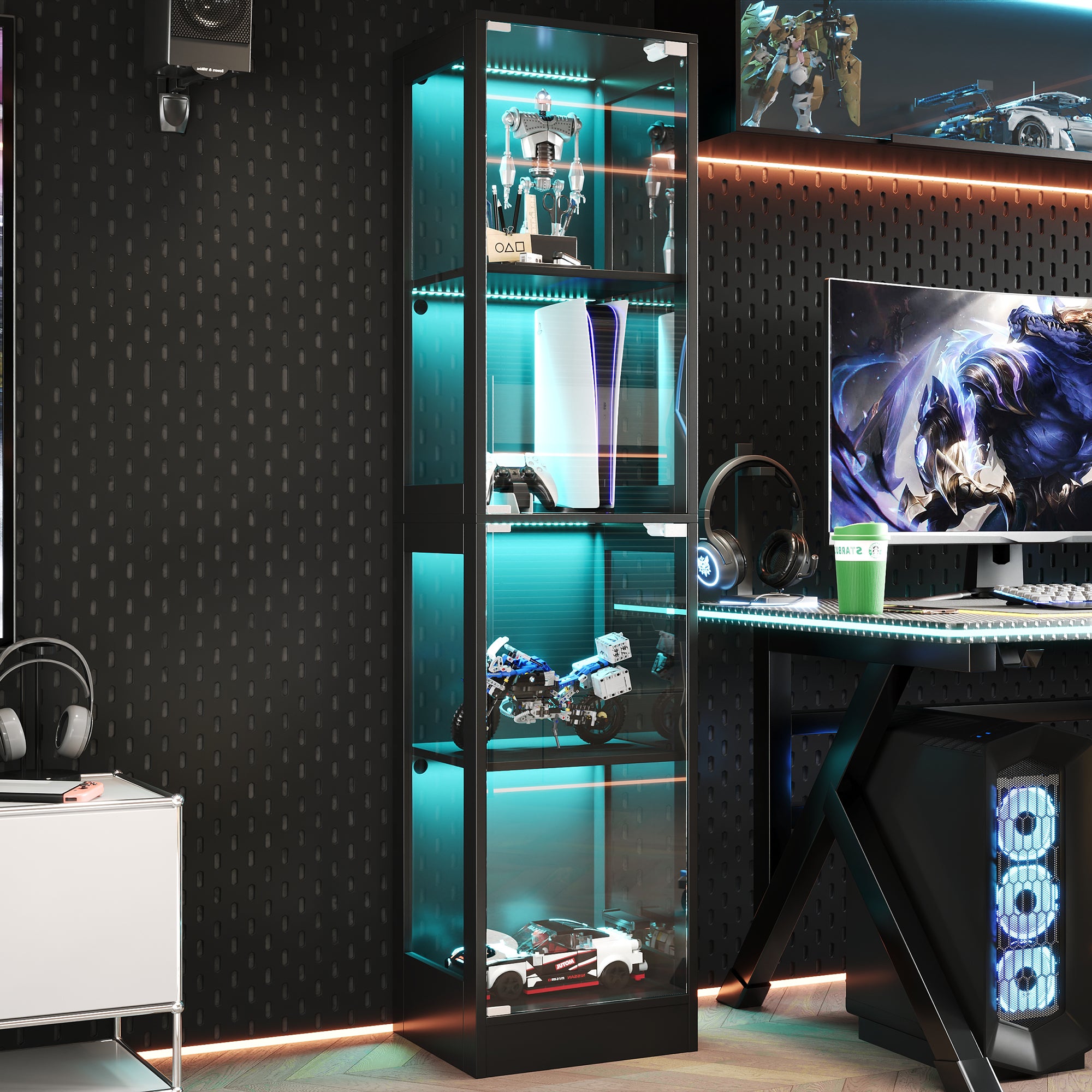 Vitrine en verre 40x35x170cm - Quatre niveaux de rangement - Éclairage LED contrôlable par App - 2 portes - MDF - Noir - 3