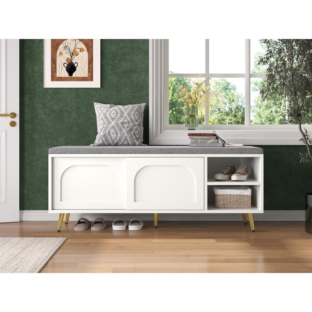 Banquette d’entrée blanche 121 cm – rangement chaussures, assise rembourrée, étagères réglables – 121x35x49 cm - 9