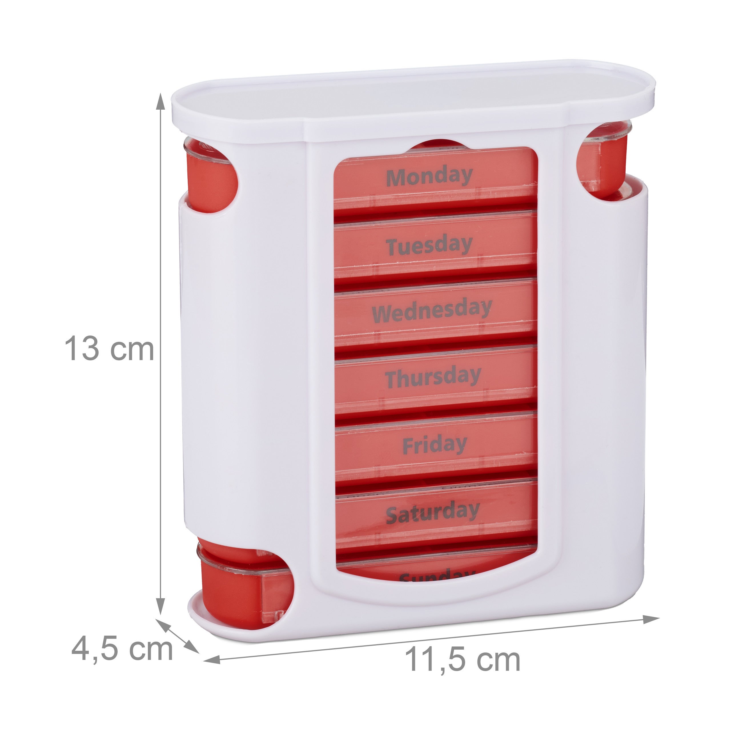 Portapillole 7 Giorni, Porta Pastiglie Settimanale, 4 Scomparti, Inglese, Coperchio Scorrevole, Bianco Rosso, Relaxdays - 4