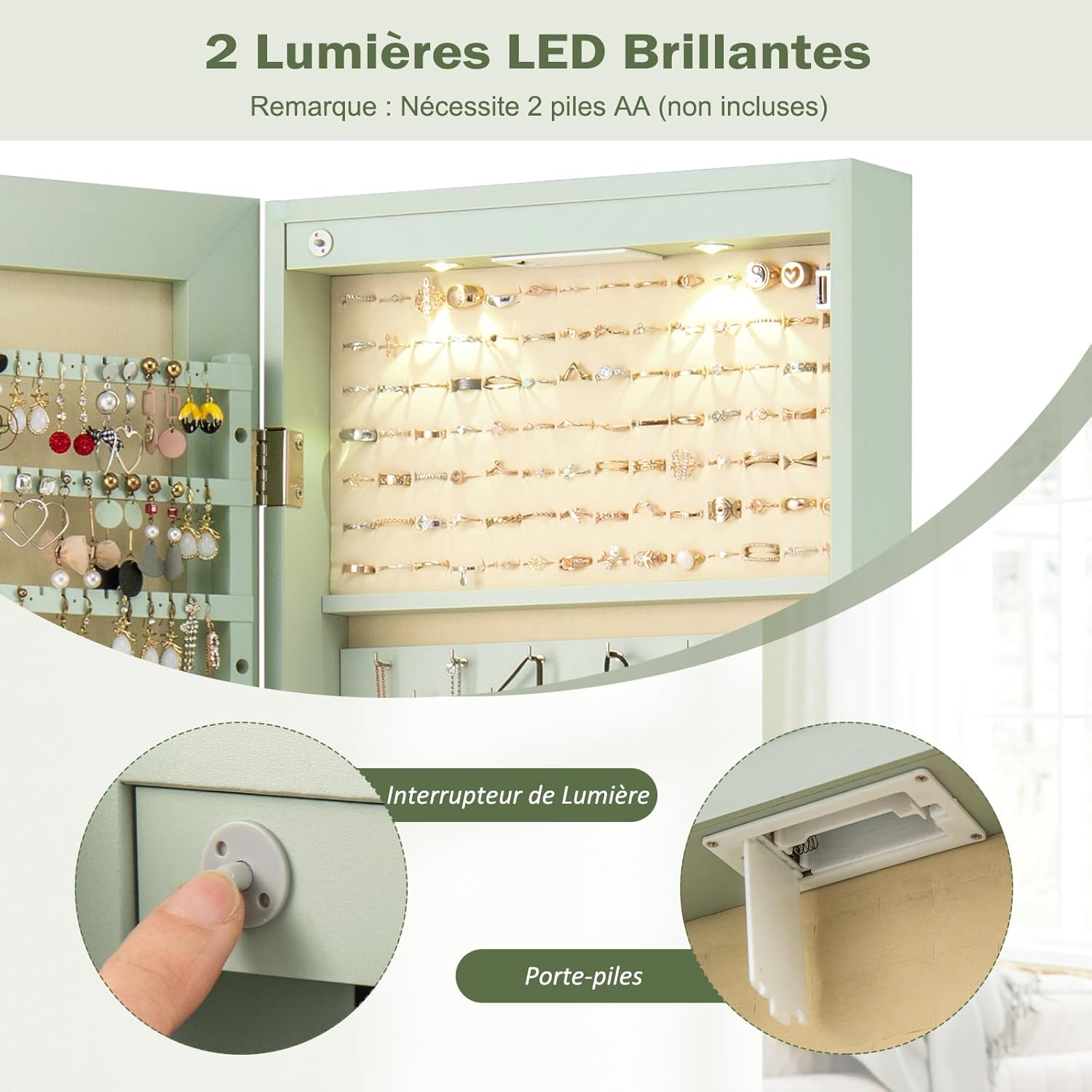 Armoire à Bijoux avec Miroir, Armoire a Bijoux Murale avec Éclairage LED, 2 Tiroirs, Fixer au Mur ou à Suspendre sur Porte (Vert) - 2