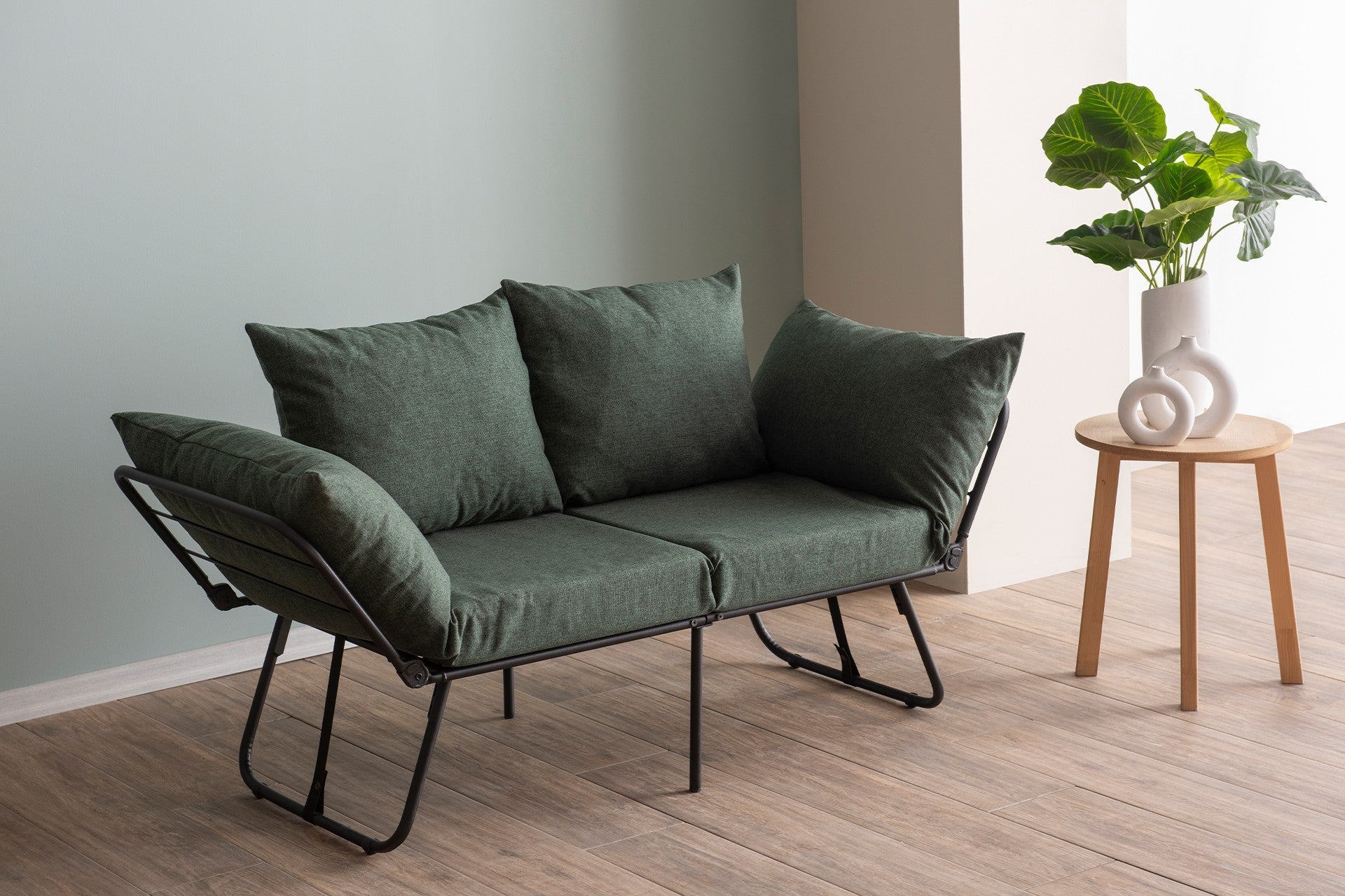 Elegante divano letto a posti, tessuto di lino verde, 150 cm
