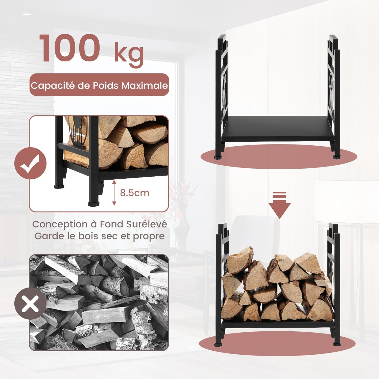 Étagère à Bois de Cheminée en Métal, Porte-Bûches Décoratif avec Base Surélevée et Pieds Réglables, 46X34X45 CM, Noir - 3