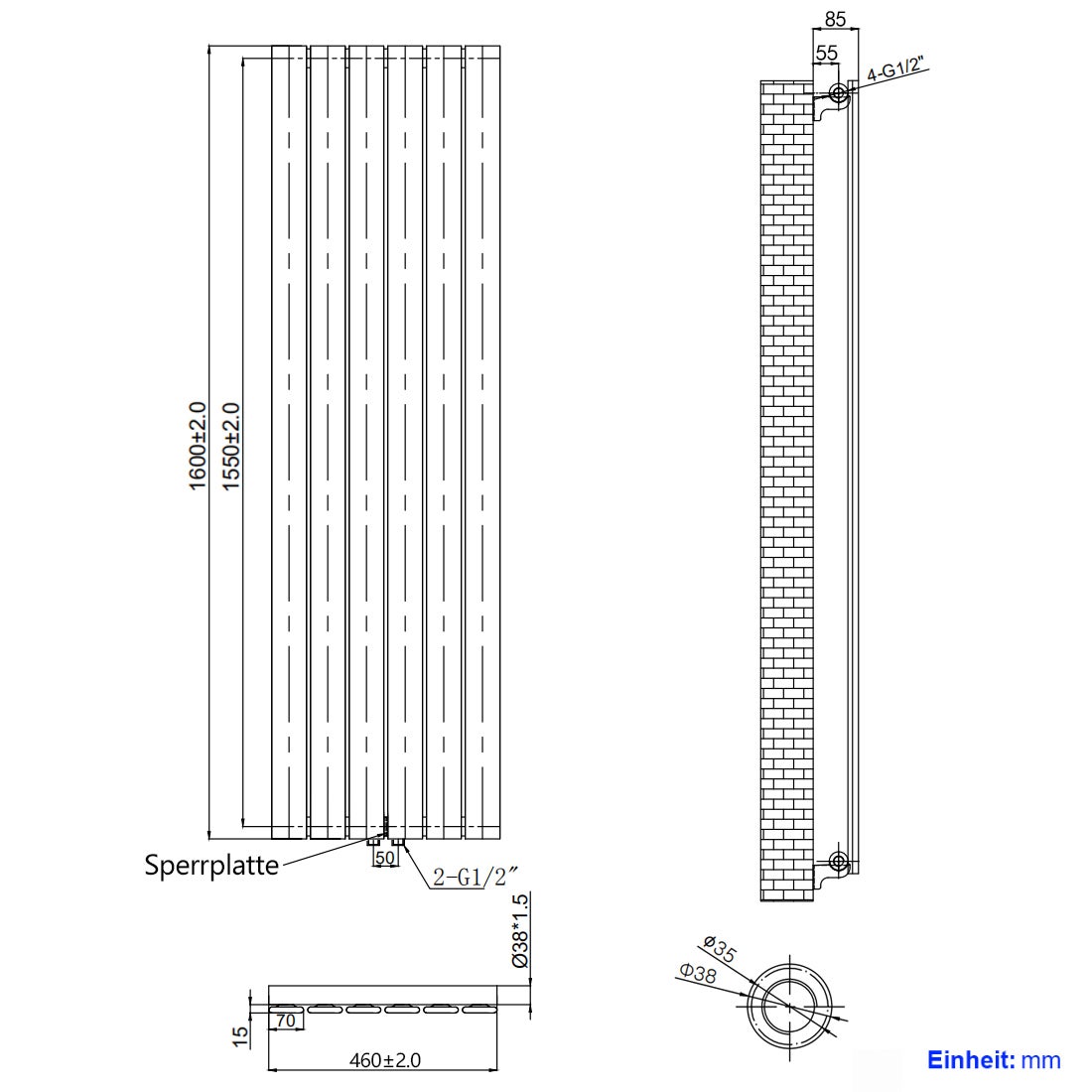 EMKE Radiateur eau chaude en acier 160x46cm 850W Radiateur plat seule couche connexion centrale Montage mural, Blanc - 6