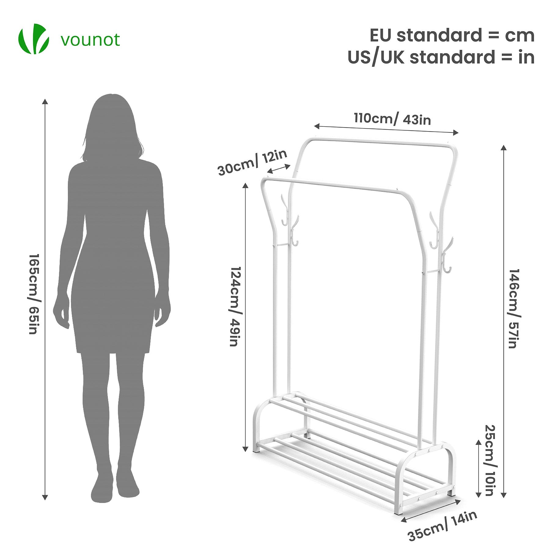 Portant a vetement double avec 2 niveaux etageres chaussures 4 Crochets Lateraux 110x35x146cm metal Blanc VOUNOT® - 3