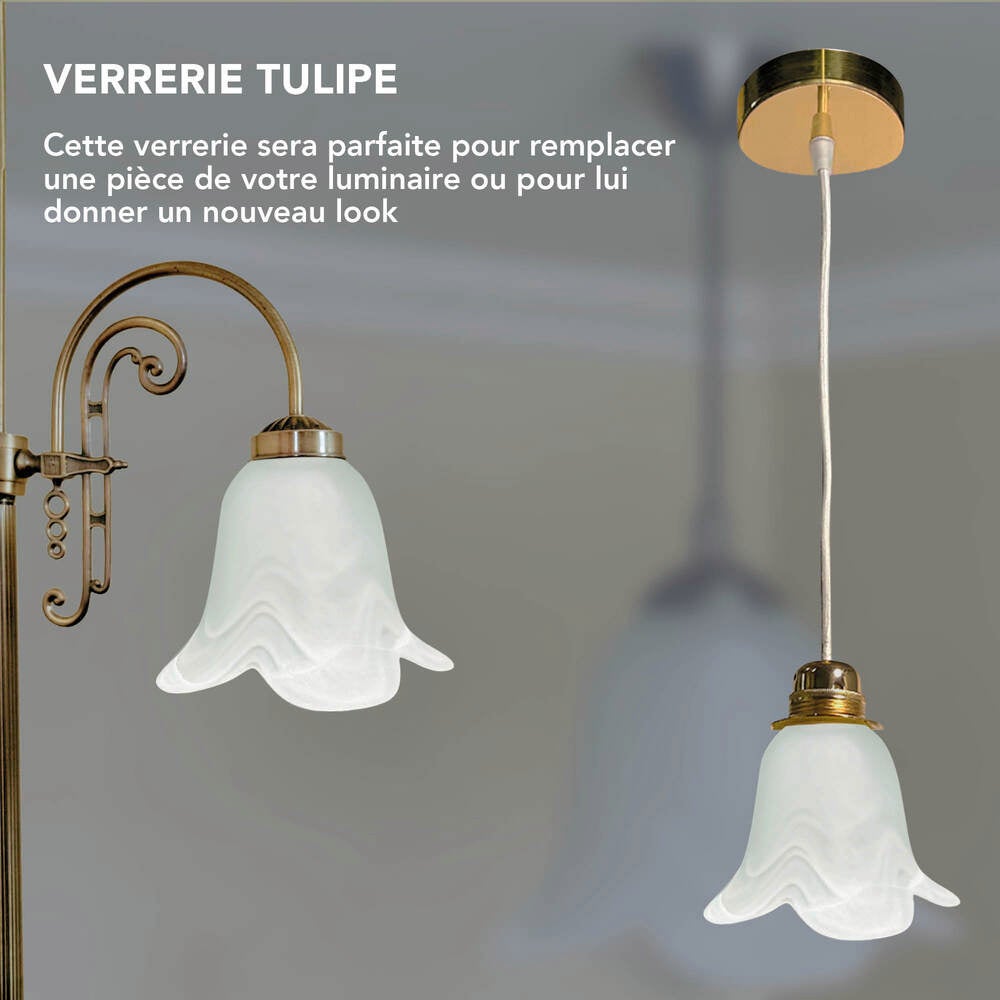 Abat jour verre satiné marbré blanc, forme Tulipe, diam. 120 mm - Tibelec - 6