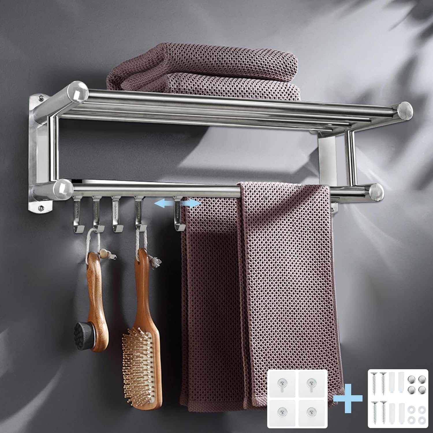 Porte-Serviettes Mural 50 Cm Acier Inox 304 – Double Barre + 5 Crochets Amovibles – Salle De Bain Moderne Et Pratique