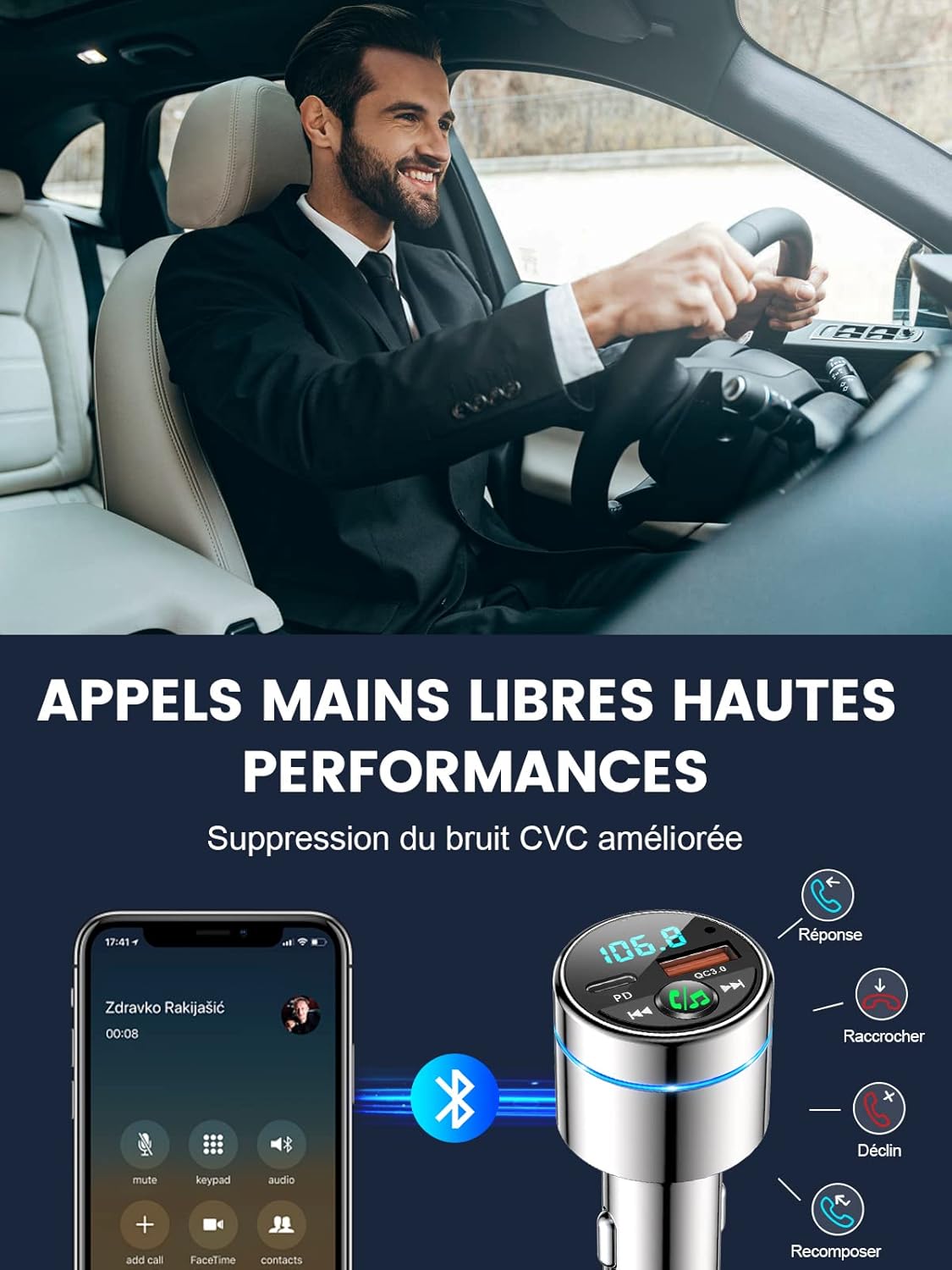 Transmetteur FM Bluetooth Pour Voiture - Double USB, écran LED, Mains Libres - Bluetooth 5.0 - 13