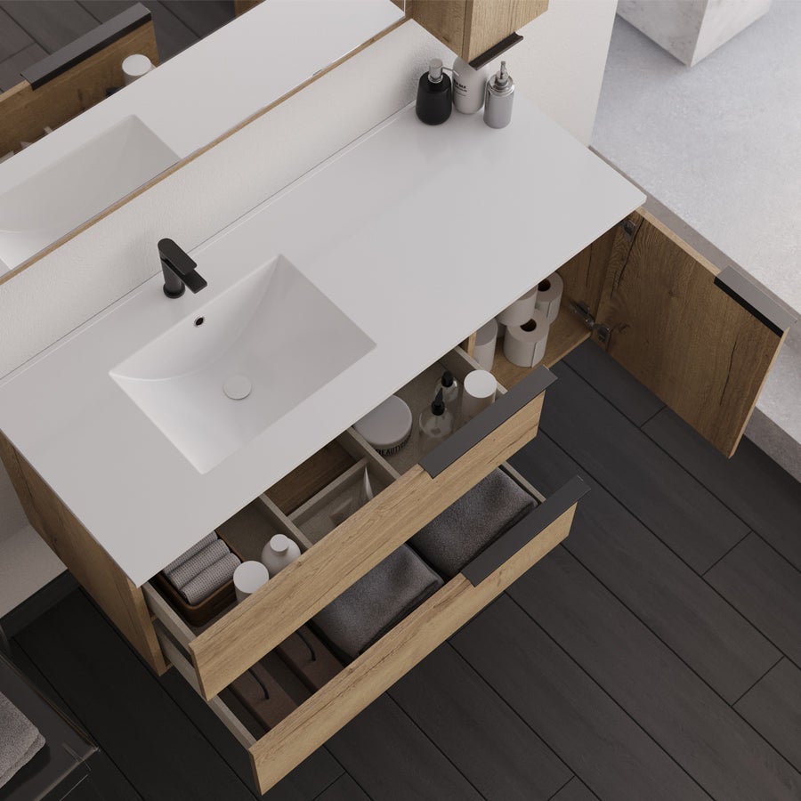 Meuble de salle de bain 120cm vasque déportée - 2 tiroirs - miroir avec armoirette - KING - Roble (chêne clair) - 5