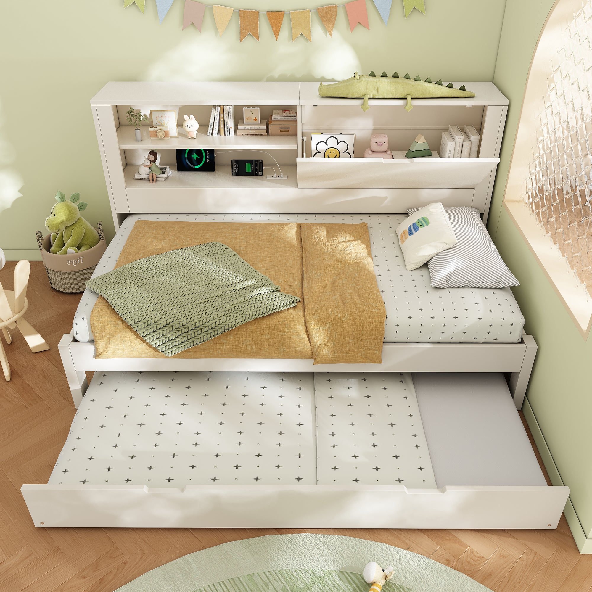 Cama Nido Infantil 90×200 + 90×190 cm con Somier de Madera y USB/USB-C, Sofá Cama con 2 Estantes y Almacenamiento Abatible - Blanco (Sin Colchón) - 2