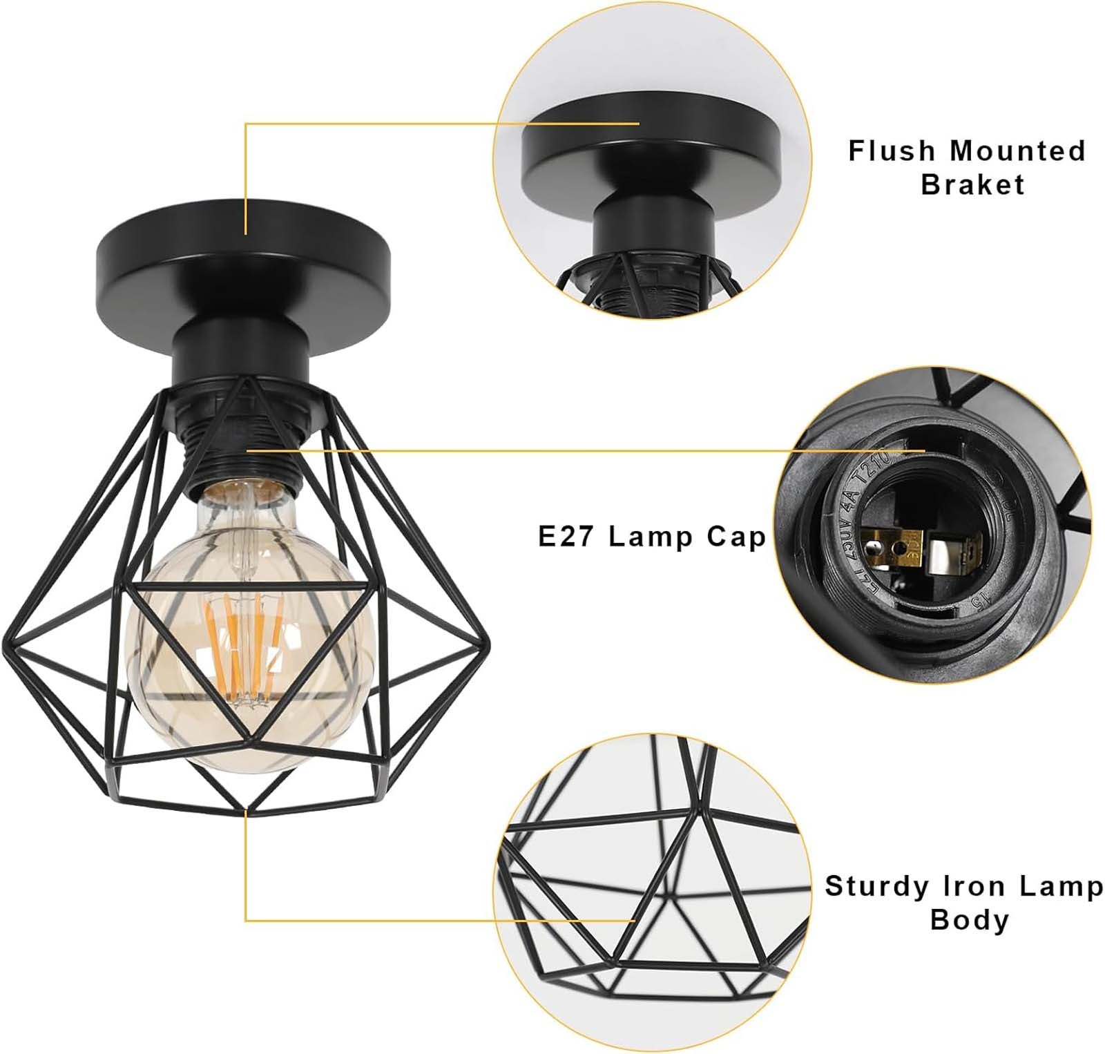 GOECO Plafonnier industriel E27 noir, luminaire plafond cage métal, lampe plafond vintage sans ampoule pour cuisine salon bar - 7