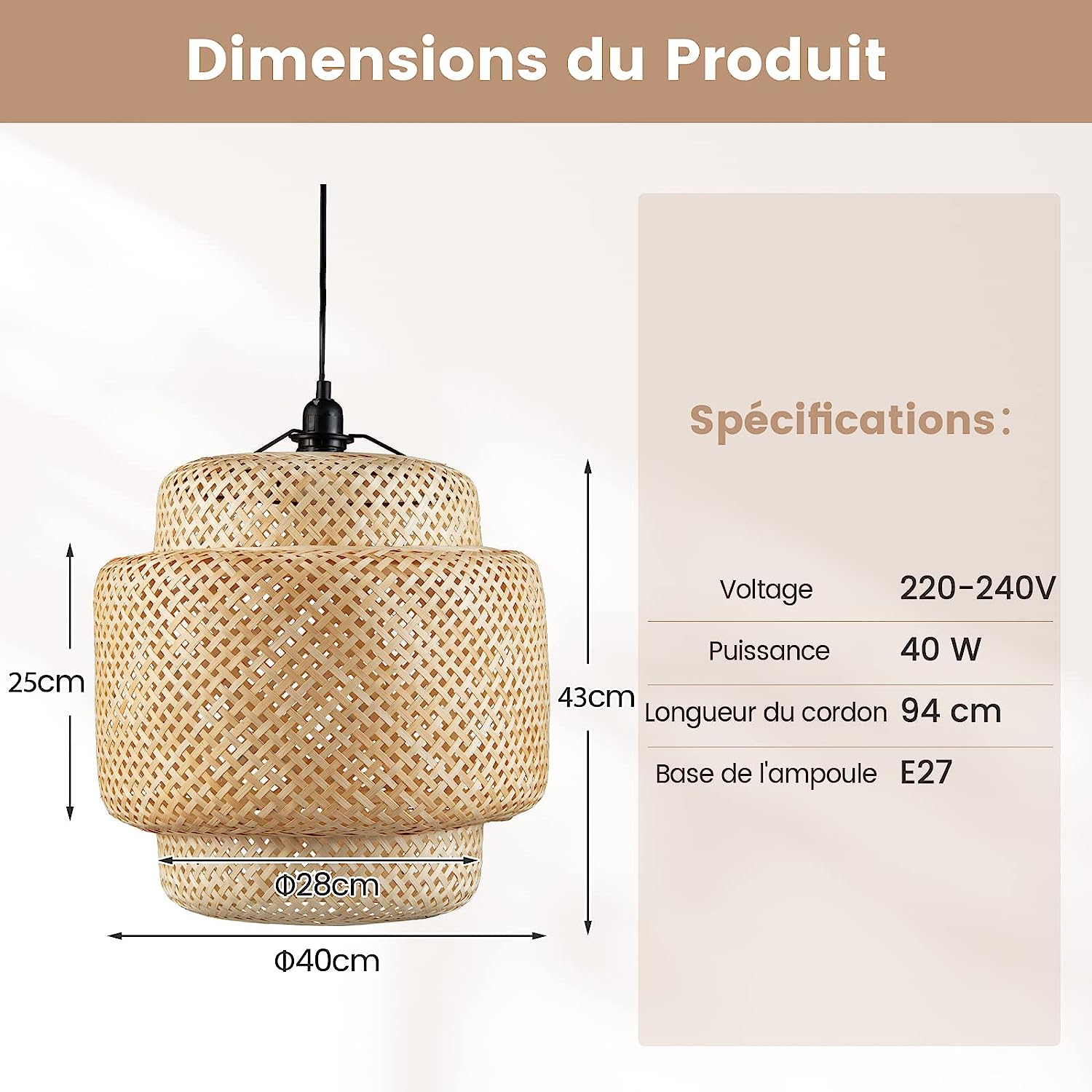 Lampadario da Camera da Letto, Soggiorno e Cucina, Lampada a Sospensione in Bambù con Paralume e Corda Regolabile, Plafoniera Soffitto Moderno - 4