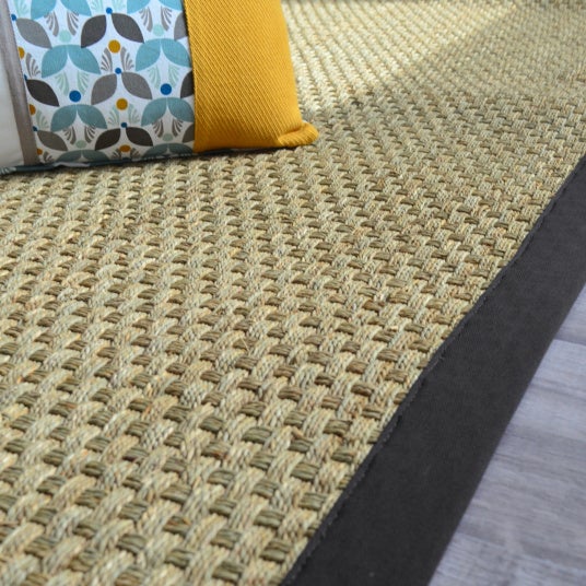 Tapis Jonc de mer - Paro fin natté 4x4 - Ganse coton noire - 200 x 290 cm