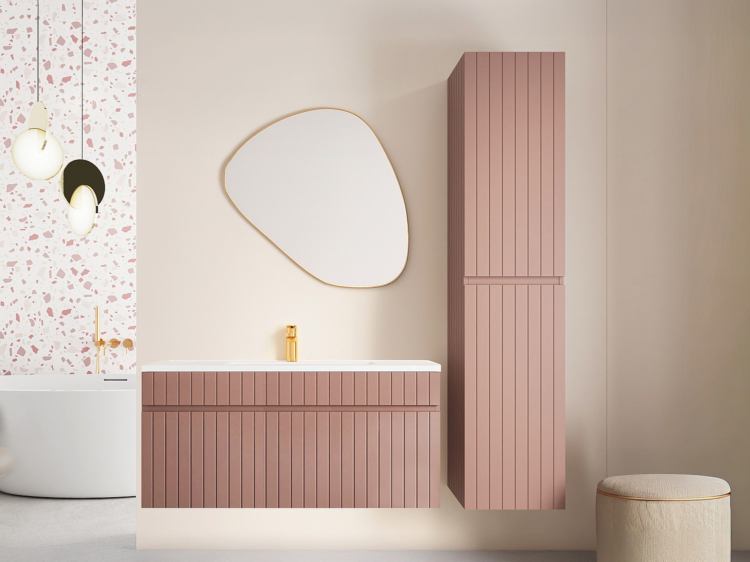 Wisząca szafka łazienkowa w kolorze różowym z prążkowaną fakturą, z wpuszczaną umywalką i słupkiem – 100 cm – SATARA