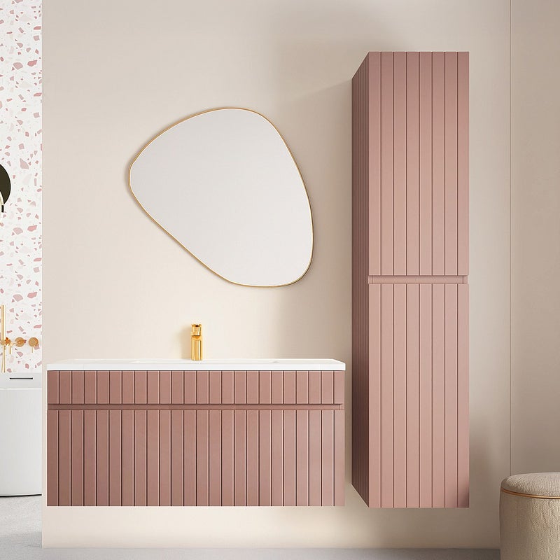 Wisząca szafka łazienkowa w kolorze różowym z prążkowaną fakturą, z wpuszczaną umywalką i słupkiem – 100 cm – SATARA
