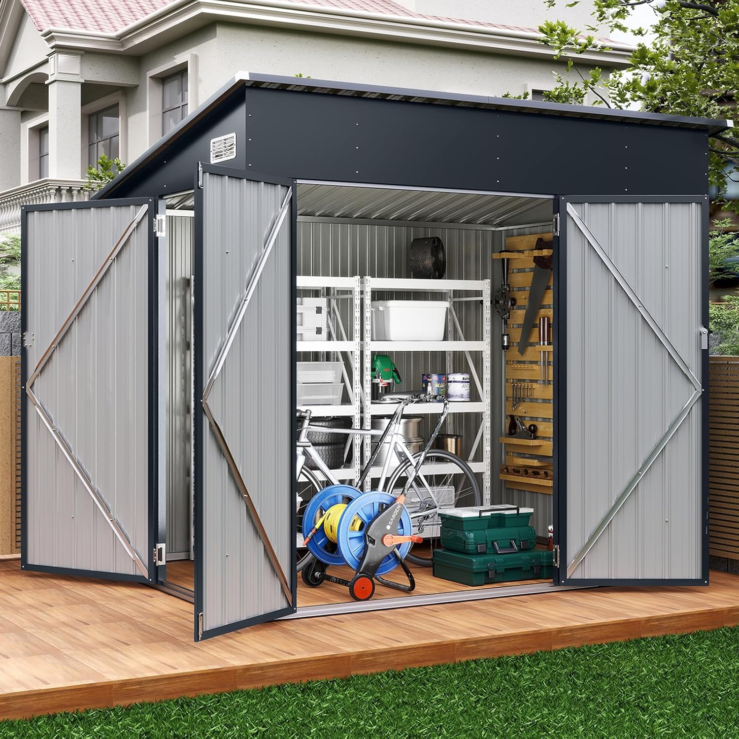 Abri de Jardin Métal 235X174X197CM, Cabane à Outils Cabanon Résistant aux intempéries pour Poubelles Extérieur(Gris, 7.7M³) - 5