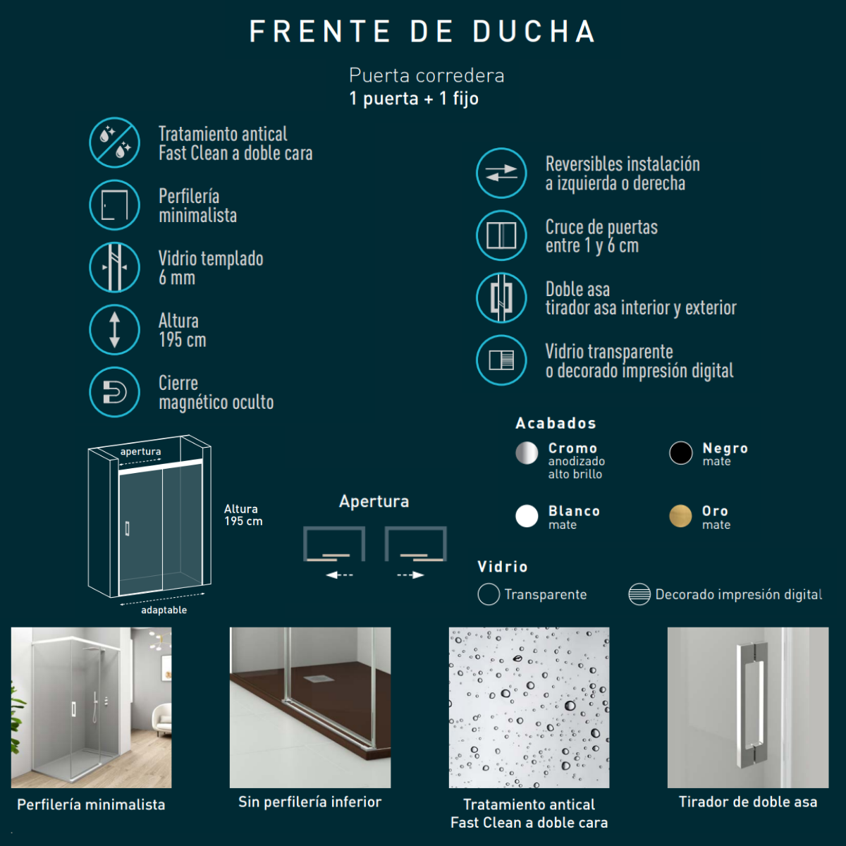 Mampara Ducha Frontal 1 puerta 1 fijo Corredera | Vidrio Templado 6mm Antical Transparente |Perfil Oro 100 cm (Adaptable 95-99cm) - 4