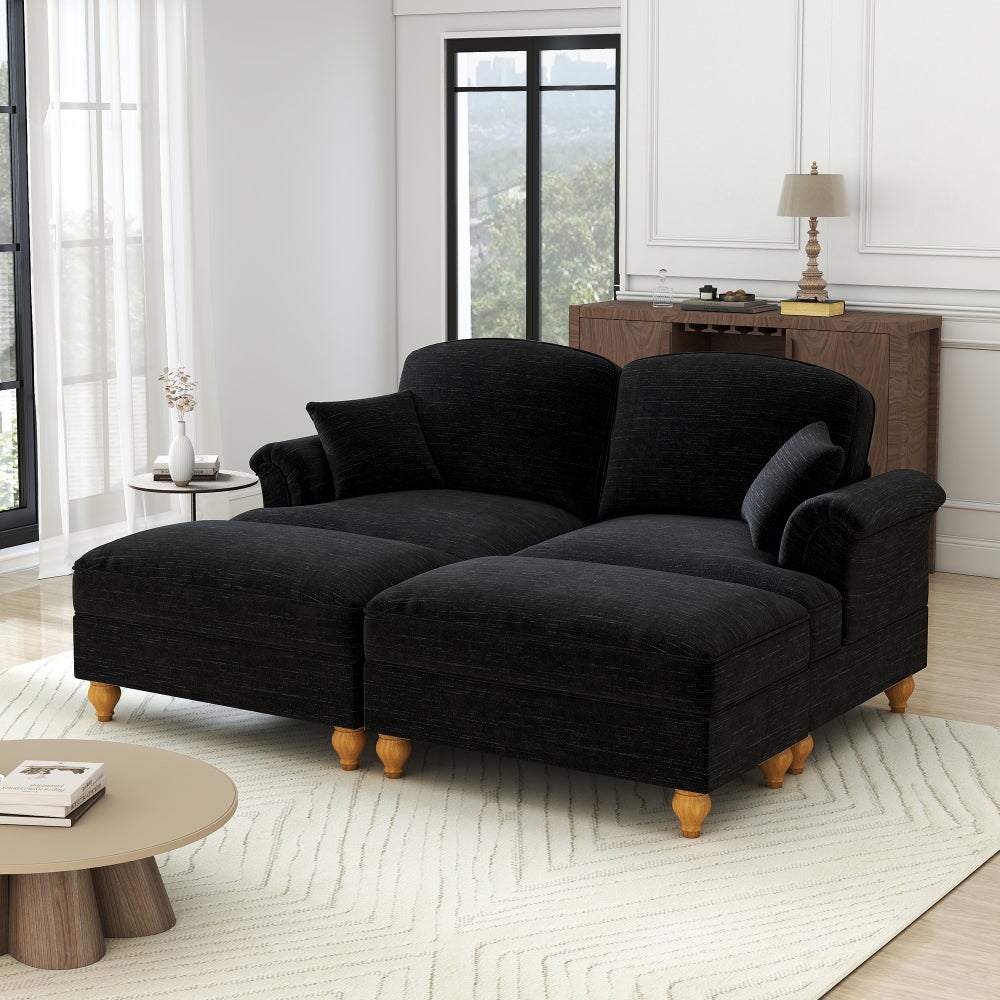 Sofa Cloud, modułowa, 2-osobowa, szenilowa, głęboka, z pufem, czarna