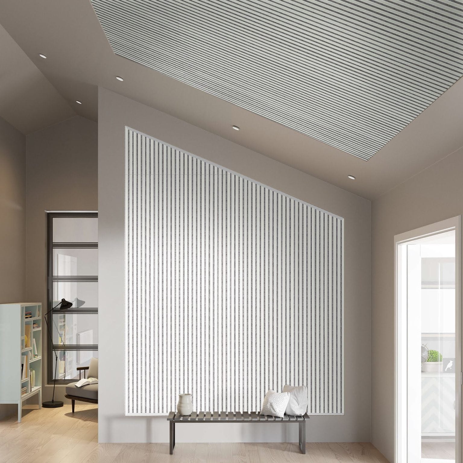 Panel palilleria alistonado Akupanel acústico,decorativo de 240x60cm,fieltro y listones de MDF forrado con una melanina de color Nieve - 5