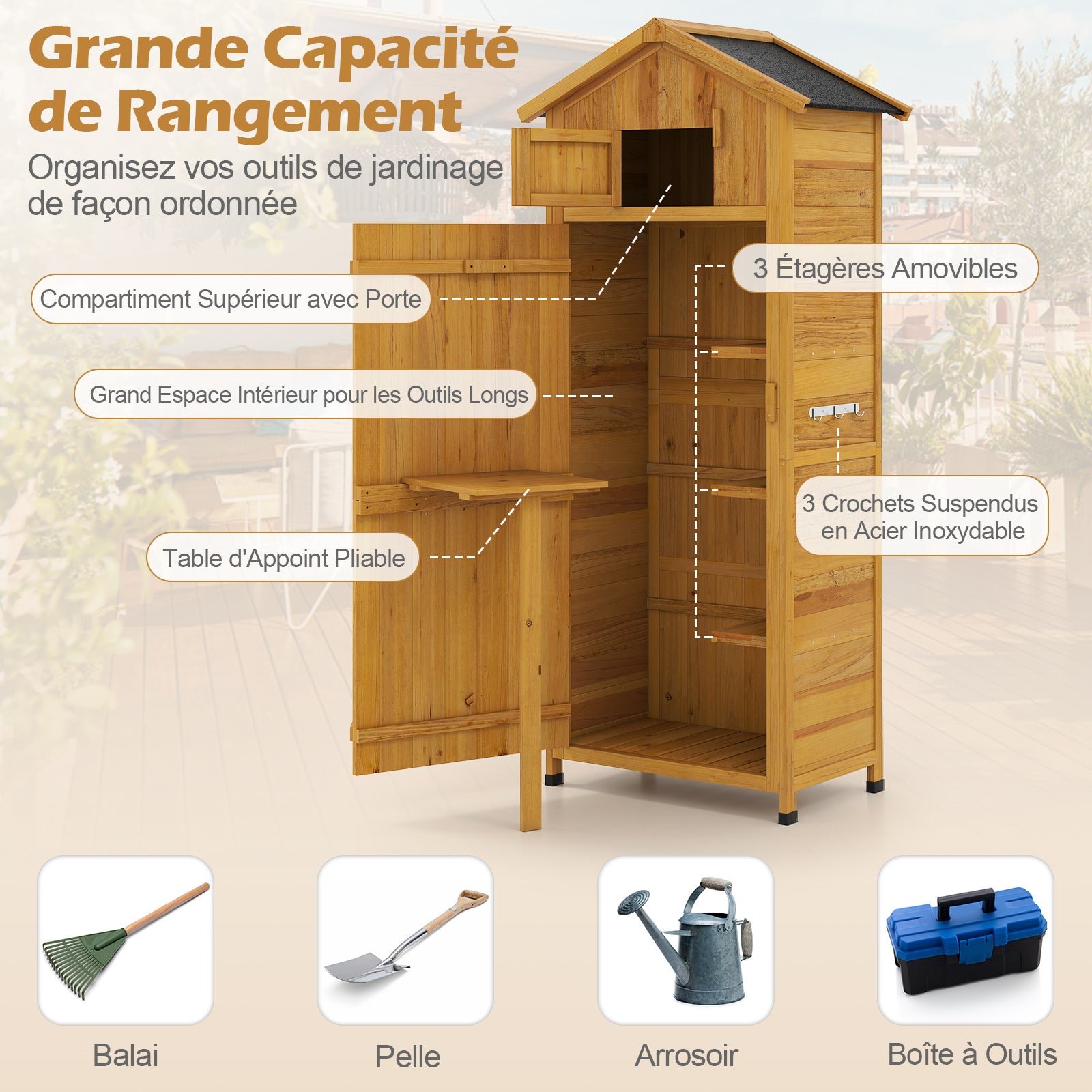 Abri de Jardin en Bois, Armoire d'Extérieur avec Porte Verrouillable, Étagères Amovibles, Table Latérale Pliante, 3 Crochets, Toit en Asphalte - 6