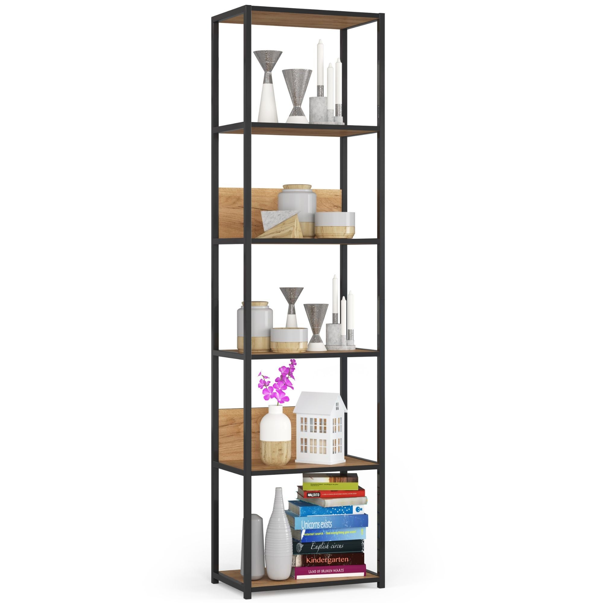 Regał loft AKORD metalowy Czarny 50 cm kolor Dąb Craft mat 6 półek 50x32x192 cm