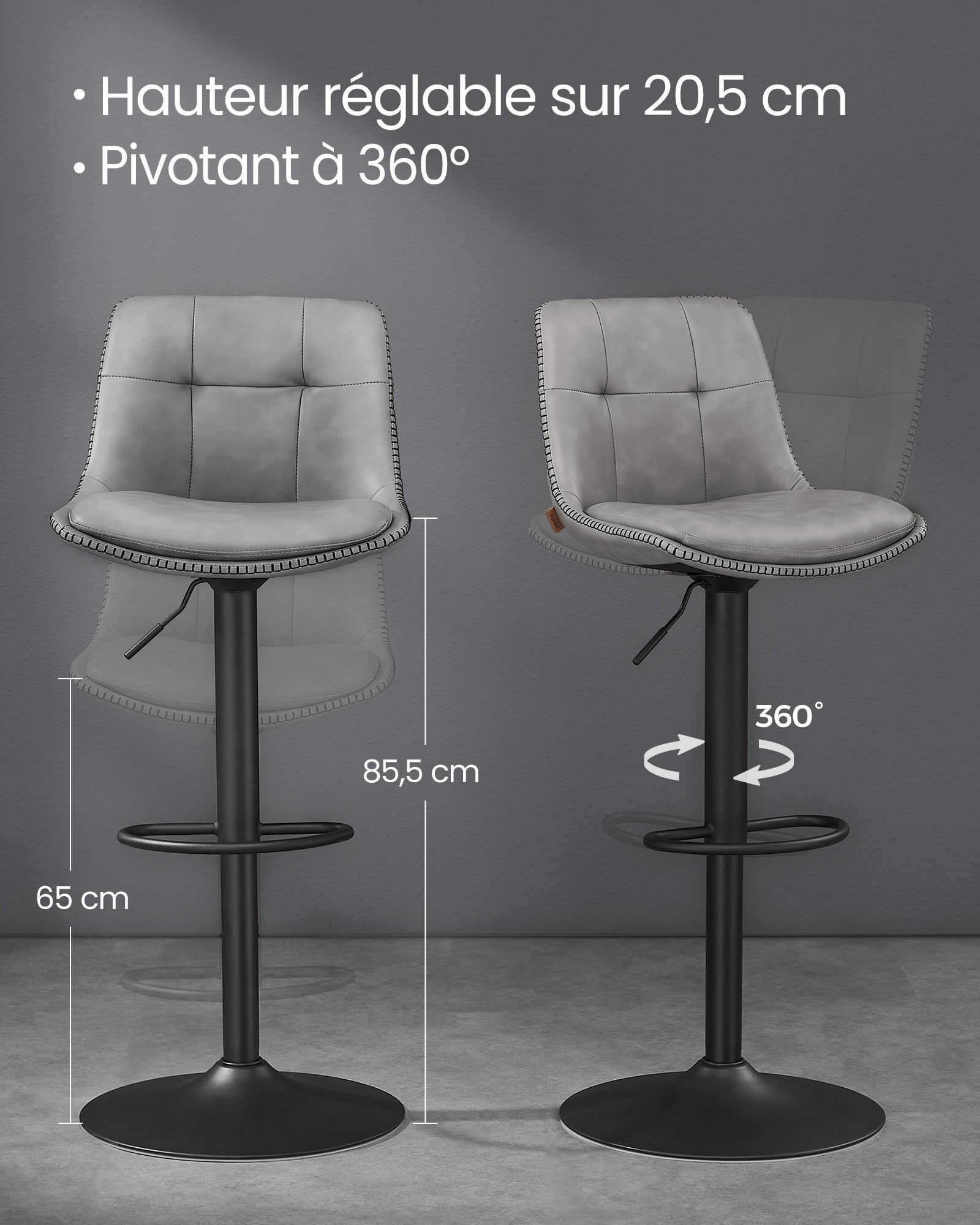 Tabourets de Bar, Lot de 2, Siège Pivotant à Hauteur Réglable, Matelassé, avec Dossier et Repose-Pieds, Gris Tourterelle - 6
