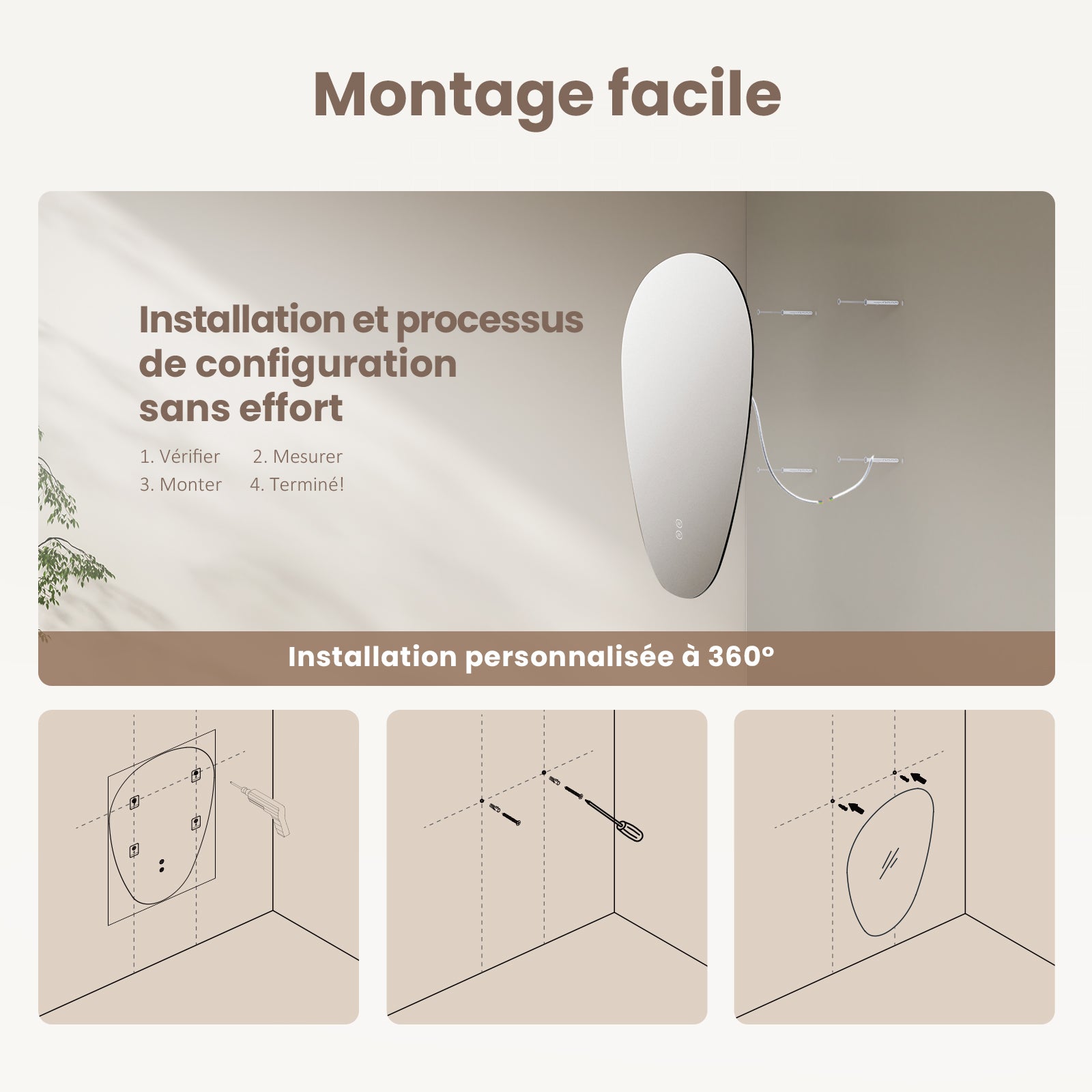 EMKE Miroir de salle de bain avec éclairage LED - Miroir asymétrique - Antibuée, 3 Couleurs, Intensité Réglable - 60 x 45 cm - 7