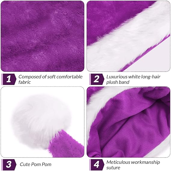 Chapeau De Noël Adulte Motif Tête De Mort Violet – En Tissu Peluche Polyester, Avec Bord Et Pompon Blancs – Pour Fêtes, Halloween, événements - 8