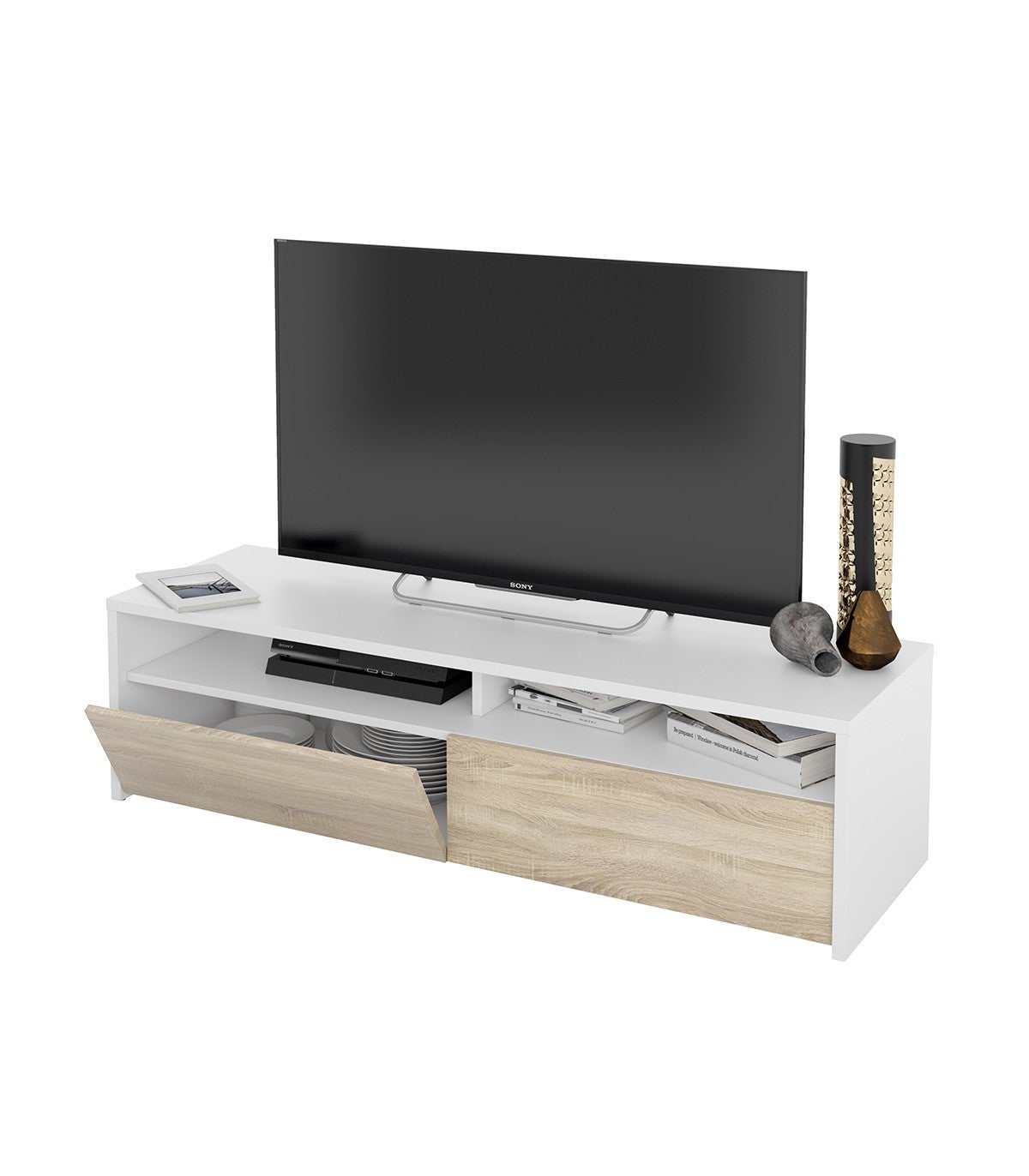 Meuble TV LOLA 2 portes battantes et 2 niches de rangement L130 cm - Blanc / Bois - 8
