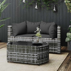 VidaXL Set Divani Da Giardino 3 Pezzi – Polyrattan Grigio, Gambe In Eucalipto, Cuscini Sfoderabili Antracite – Angolare + Centrale + Poggiapiedi - 3