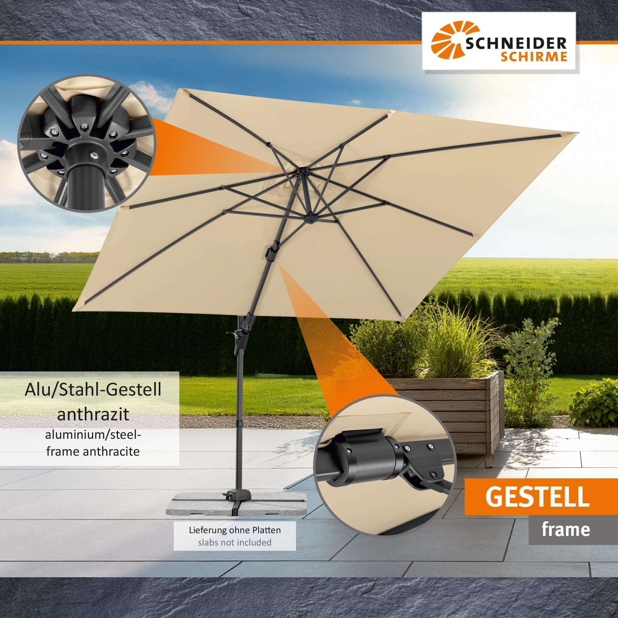 Parasol déporté Schneider Vivasol naturel, 270 x 270 cm – rotatif 360°, inclinable, avec housse et support pour dalles - 5