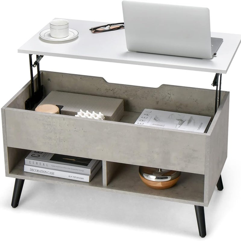 Podnoszony Stolik Kawowy, Niski Stolik do Salonu z 2 Otwartymi Przegrodami, Ukrytym Schowkiem, Podnośnikiem Gazowym, 4 Solidnymi Nogami (Szary)