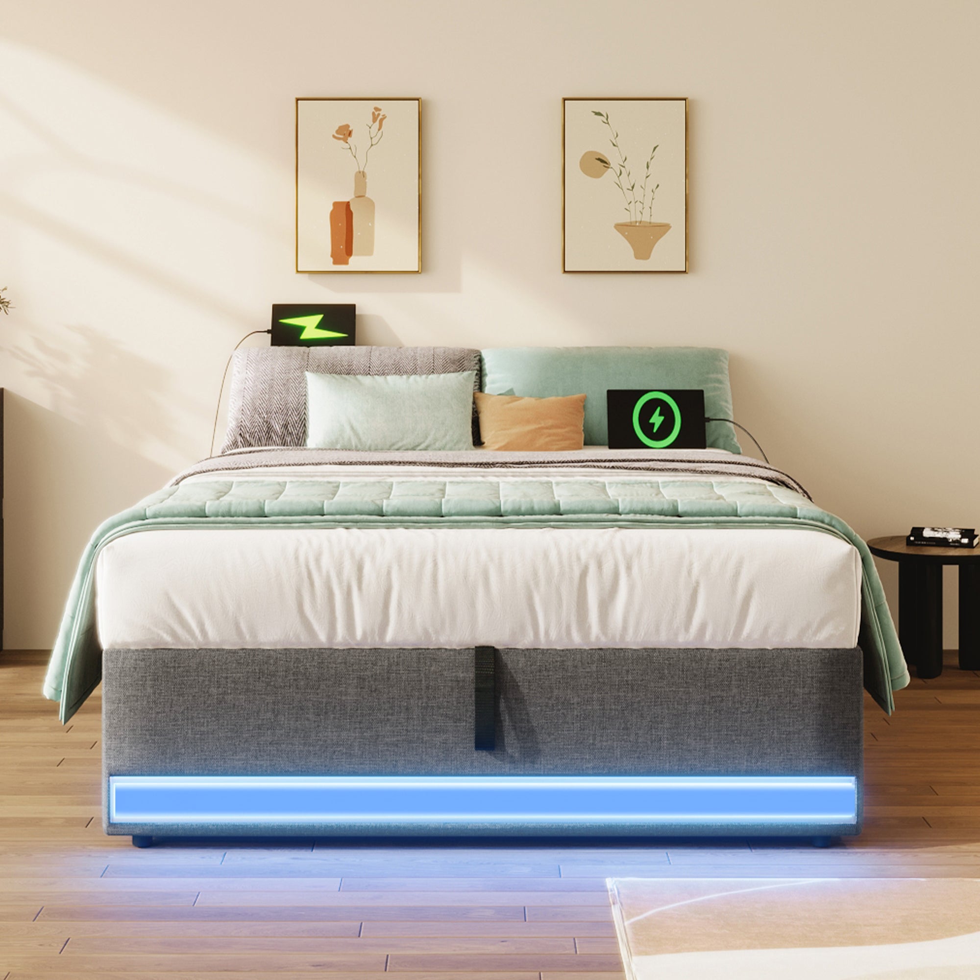 Wyściełane łóżko skrzyniowe 90x200 cm - z oświetleniem LED - z portami USB + Type-C - szare (materac nie wchodzi w skład zestawu)