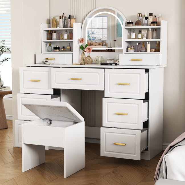 ZTGL Toletta con Specchio Illuminato e Piano in Vetro, Tavolo da Toeletta Bianca/Grigia con Sgabello Imbottito, Tavolo da Trucco con 6 Cassetti, per Camera da Letto,Bianca,80cm/31.5in ZTGL Toletta con Specchio Illuminato e Piano in Vetro, Tavolo da Toeletta Bianca/Grigia con Sgabello Imbottito, Tavolo da Trucco con 6 Cassetti, per Camera da Letto,Bianca,80cm/31.5in