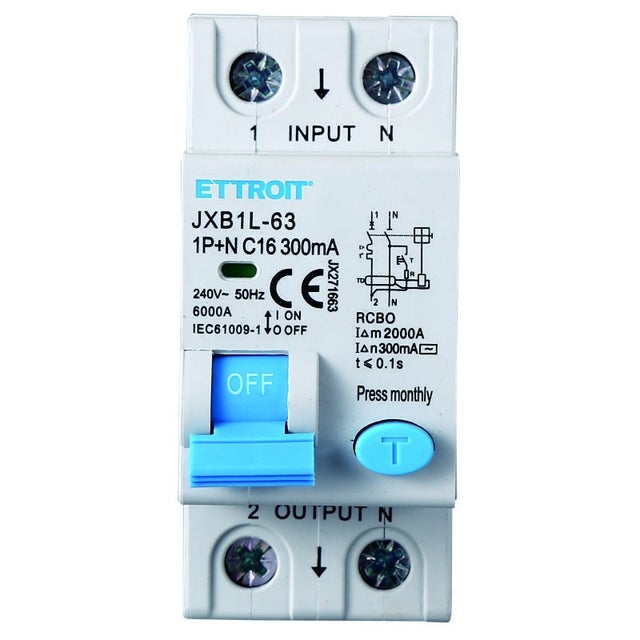 INTERRUTTORE MAGNETOTERMICO DIFFERENZIALE SALVAVITA PER BARRA DIN 2 MODULI 1P+N 16A C6 240V 300mA 6KA