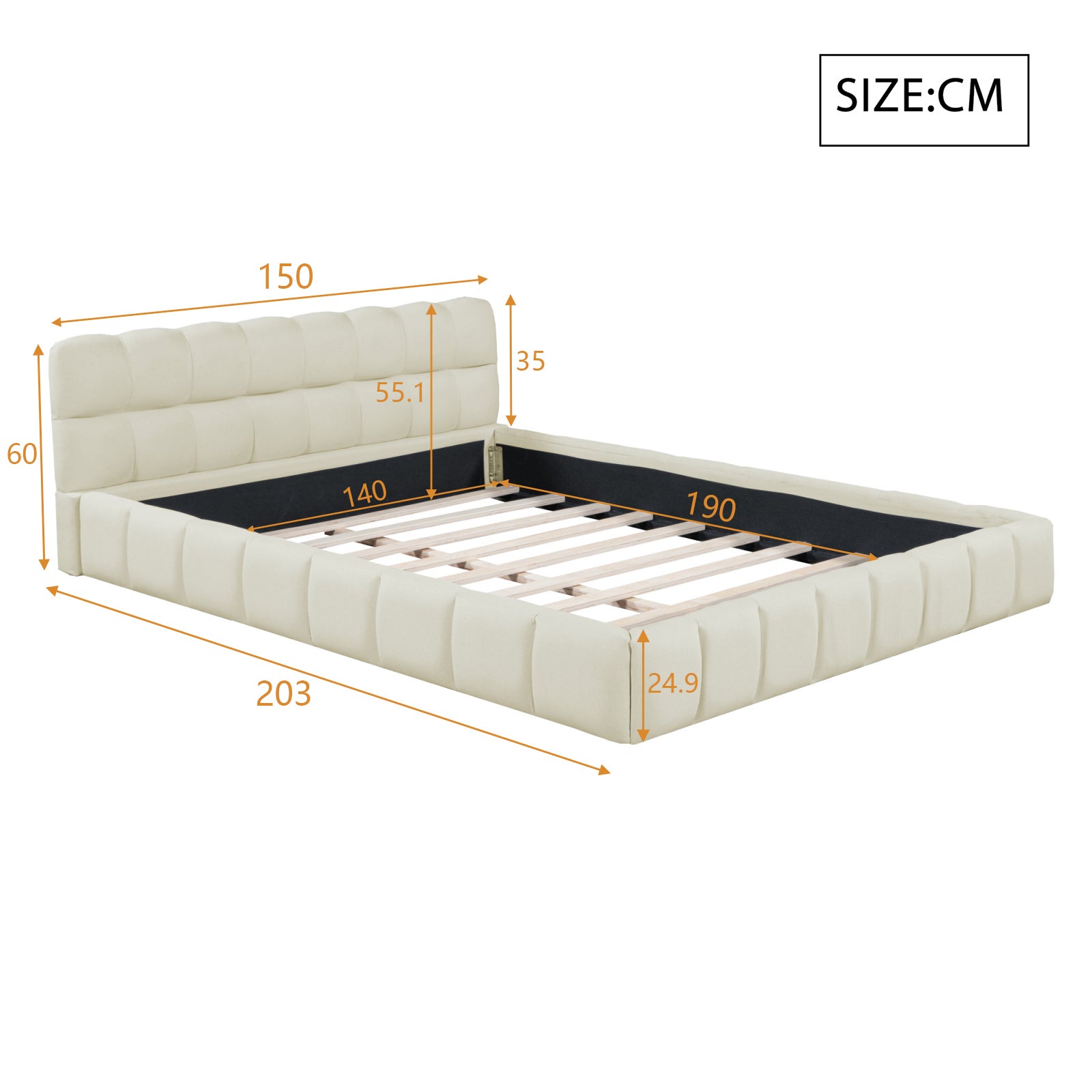 Lit Double rembourré 140 x 190cm, Lit Bubble avec sommier à Lattes, Lits 2 Personnes Capitonne avec Tête de Lit, Cadre de lit pour Adultes et Adolesc - 4