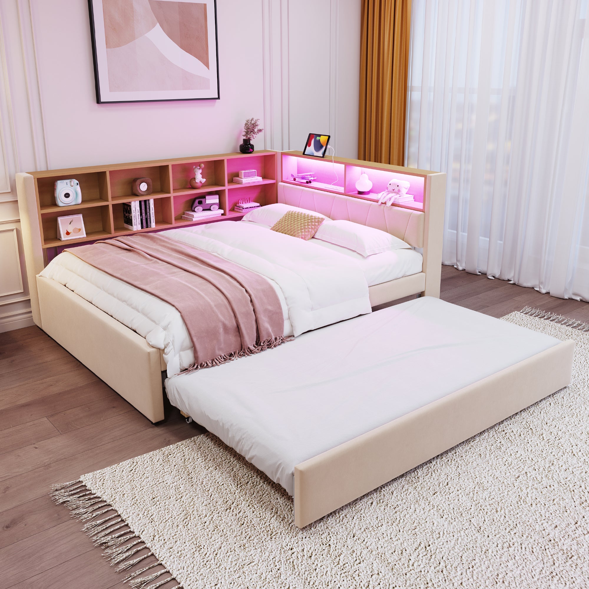 Canapé Convertible 140x200 - Avec Lit Gigogne 90x190 Cm - Avec Prise Usb Multiples Rangements Lit Tapisse Gris Clair Matelas Non Inclus